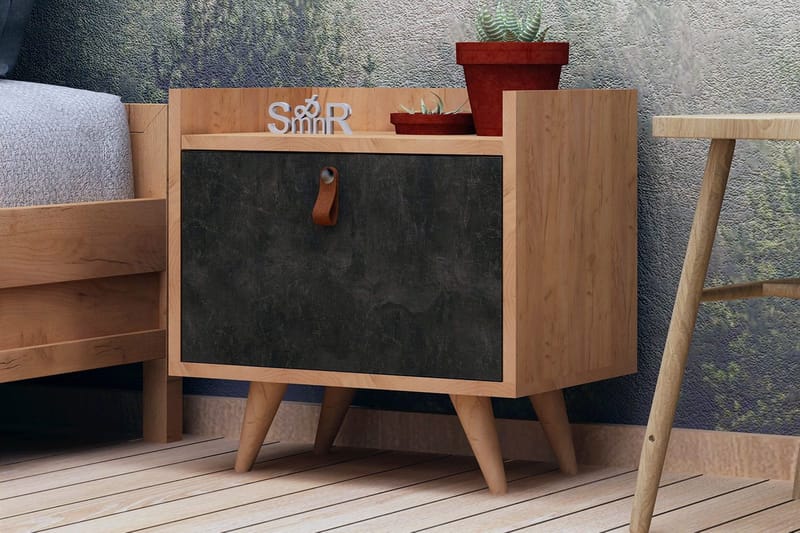 Mod Design Sängbord 50 cm med Förvaring Skåp Läderbeslag - Grå/Trä - Möbler - Sovrum - Sängbord