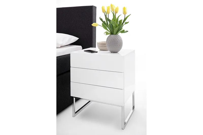 Nola Sängbord 50 cm Höga Ben med Förvaring 3 Lådor - Vit - Möbler - Sovrum - Sängbord