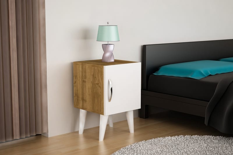 OBINE Sängbord 35 cm Liten med Förvaring Skåp Vit/Valnötsbru - Vit/Valnöt - Sängbord - Bord