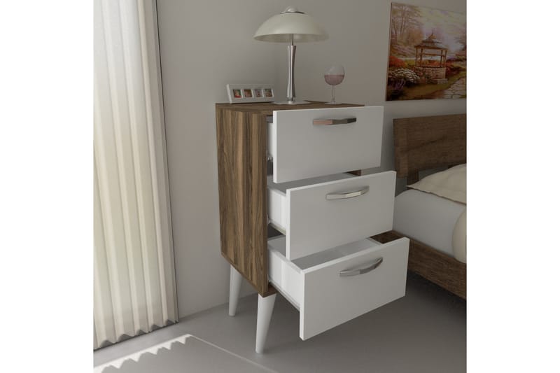 OBINE Sängbord 40 cm med Förvaring 3 Lådor Vit/Valnötsbrun - Vit/Valnöt - Sängbord - Bord