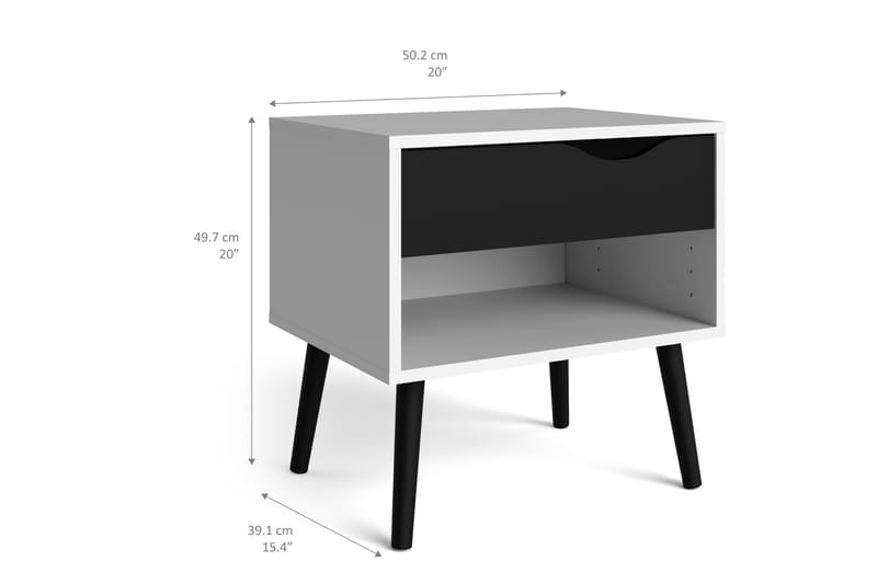 ORINO Sängbord 50 cm med Förvaring Låda + Hylla Vit/Svart - Sängbord - Bord