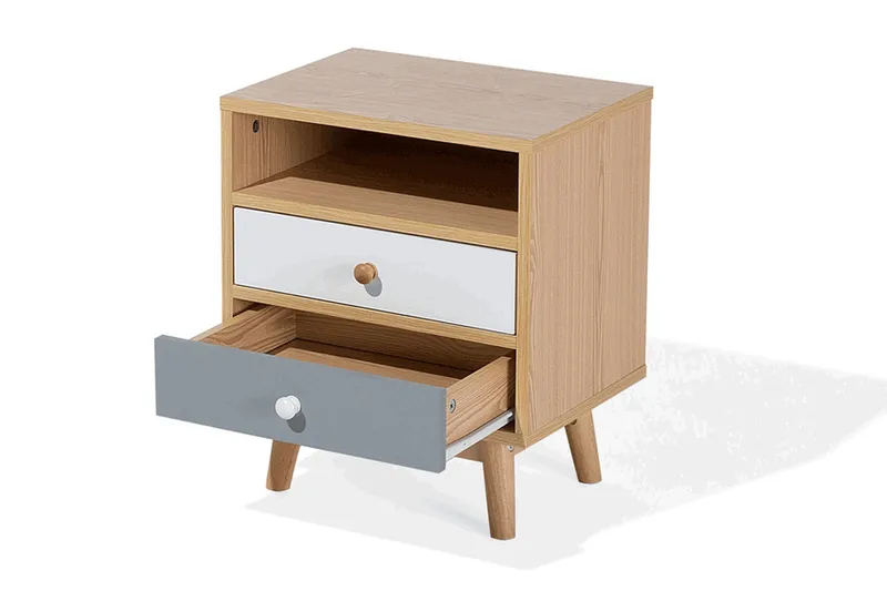 Peinmore Sängbord 40 cm med Förvaring 2 Lådor + Hylla - Brun/Vit/Grå - Möbler - Sovrum - Sängbord