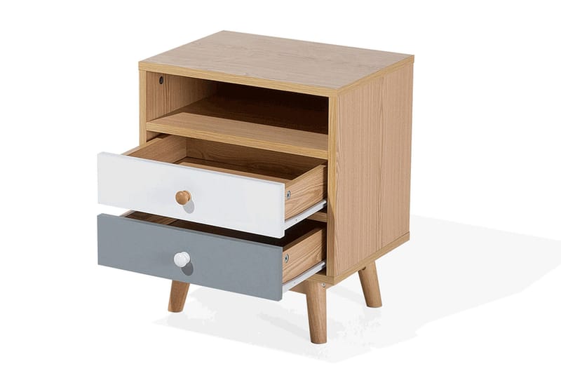 Peinmore Sängbord 40 cm med Förvaring 2 Lådor + Hylla - Brun/Vit/Grå - Möbler - Sovrum - Sängbord