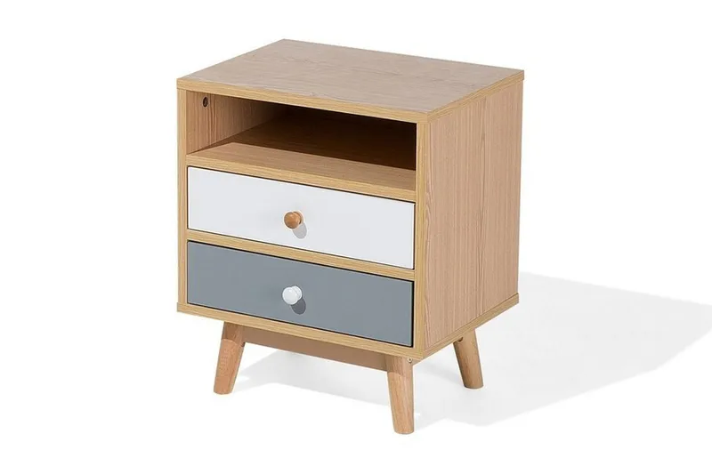 Peinmore Sängbord 40 cm med Förvaring 2 Lådor + Hylla - Brun/Vit/Grå - Möbler - Sovrum - Sängbord