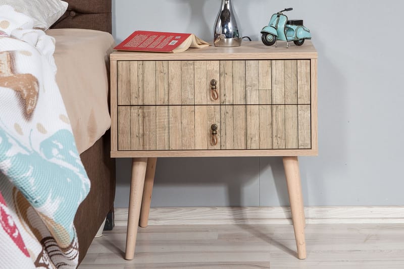 PETRONILA Sängbord 60 cm m Förvaring 2 Lådor Vertikalt Panel - Ljusbrun - Möbler - Sovrum - Sängbord