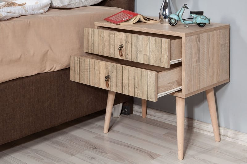 PETRONILA Sängbord 60 cm m Förvaring 2 Lådor Vertikalt Panel - Ljusbrun - Möbler - Sovrum - Sängbord
