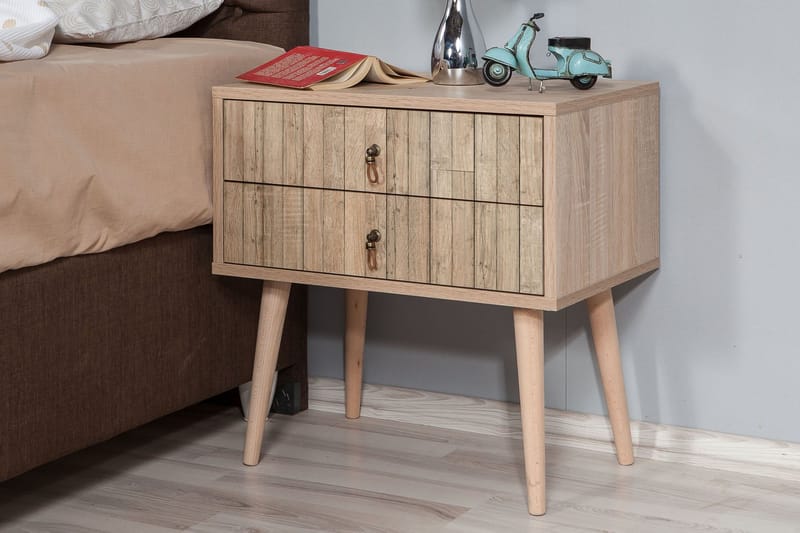 PETRONILA Sängbord 60 cm m Förvaring 2 Lådor Vertikalt Panel - Ljusbrun - Möbler - Sovrum - Sängbord