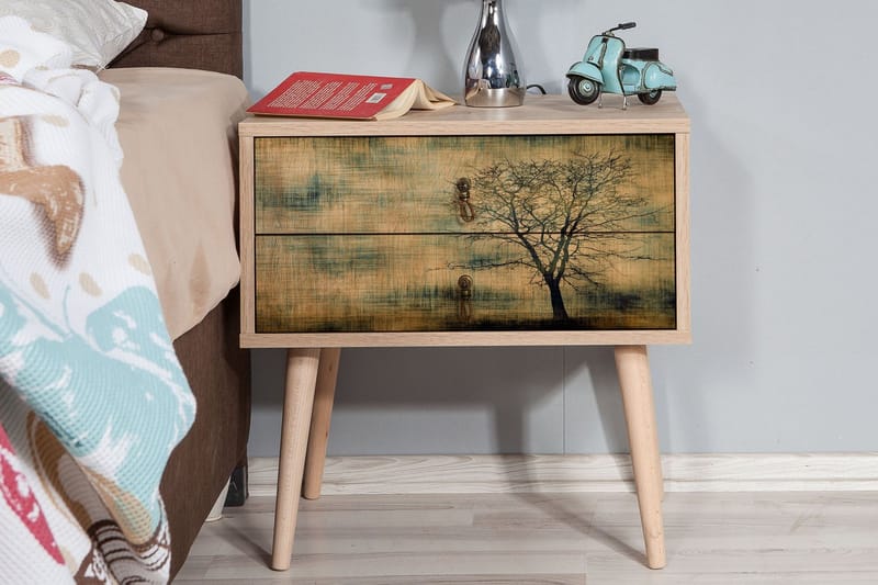 PETRONILA Sängbord 60 cm med Förvaring 2 Lådor Brundsilhuett - Brun/Grön - Möbler - Sovrum - Sängbord