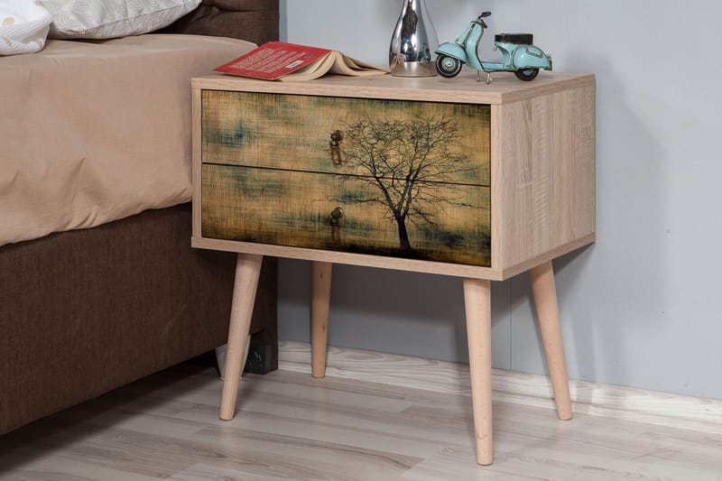 PETRONILA Sängbord 60 cm med Förvaring 2 Lådor Brundsilhuett - Brun/Grön - Möbler - Sovrum - Sängbord