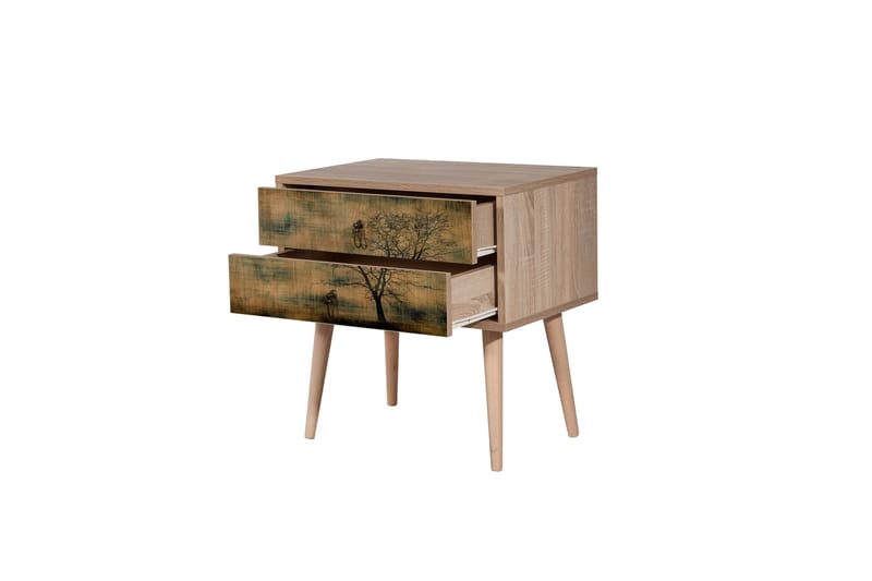 PETRONILA Sängbord 60 cm med Förvaring 2 Lådor Brundsilhuett - Brun/Grön - Möbler - Sovrum - S�ängbord