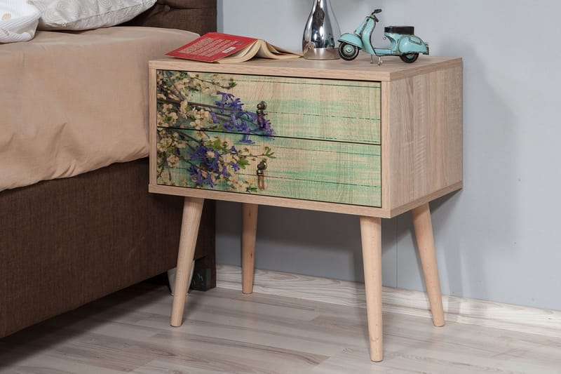 PETRONILA Sängbord 60 cm med Förvaring 2 Lådor Körsbärsblom - Teak - Sängbord - Bord