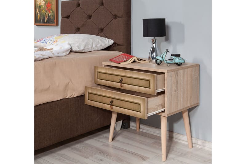 PETRONILA Sängbord 60 cm med Förvaring 2 Lådor Ram Brun - Brun - Möbler - Sovrum - Sängbord