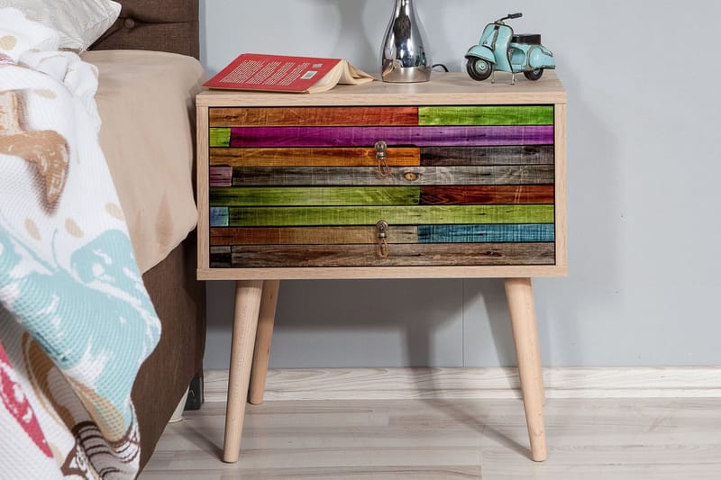 PETRONILA Sängbord 60 cm med Förvaring 2 Lådor Regnbågspanel - Röd/Grön - Möbler - Sovrum - Sängbord
