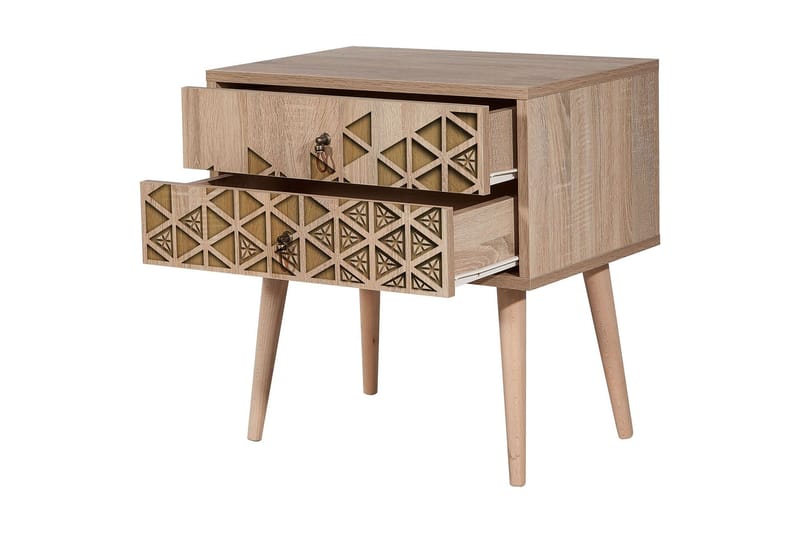 PETRONILA Sängbord 60 cm med Förvaring 2 Lådor Trianglar Bru - Brun/Ek - Möbler - Sovrum - Sängbord