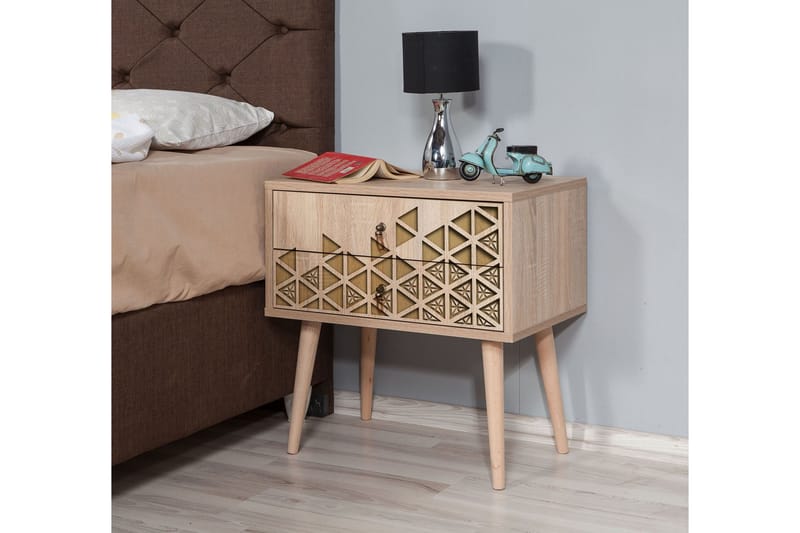 PETRONILA Sängbord 60 cm med Förvaring 2 Lådor Trianglar Bru - Brun/Ek - Möbler - Sovrum - Sängbord