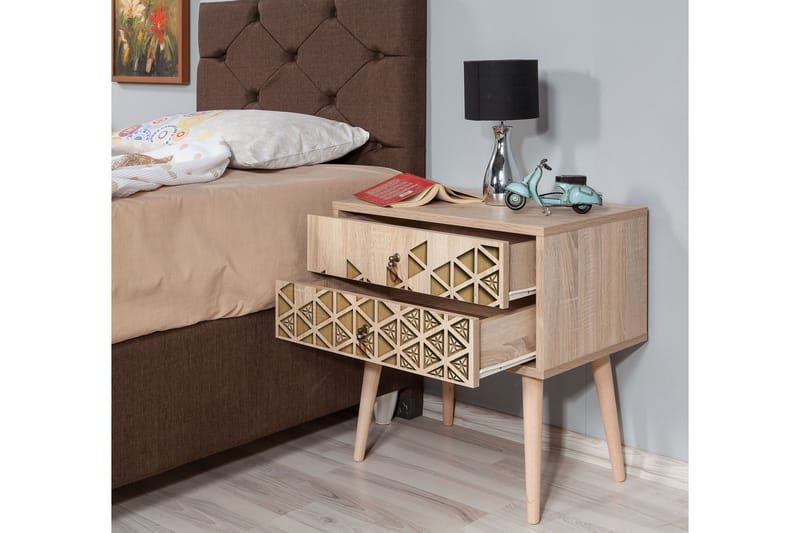 PETRONILA Sängbord 60 cm med Förvaring 2 Lådor Trianglar Bru - Brun/Ek - Möbler - Sovrum - Sängbord