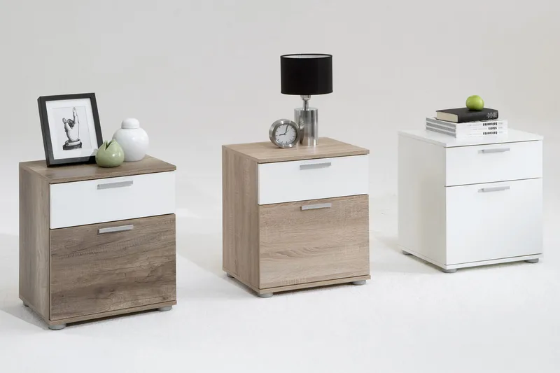 Polyxo Sängbord 38 cm med Förvaring 2 Lådor - Vit/Ekfärg/Ljusgrå - Möbler - Sovrum - Sängbord