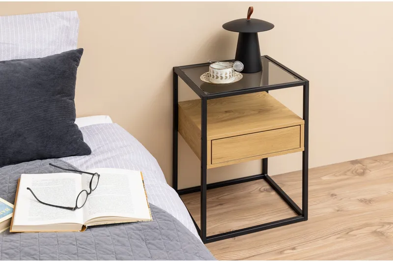 Sakila Sängbord 35 cm i Glas med Ekutseende, Förvaring med Låda - Natur - Möbler - Sovrum - Sängbord