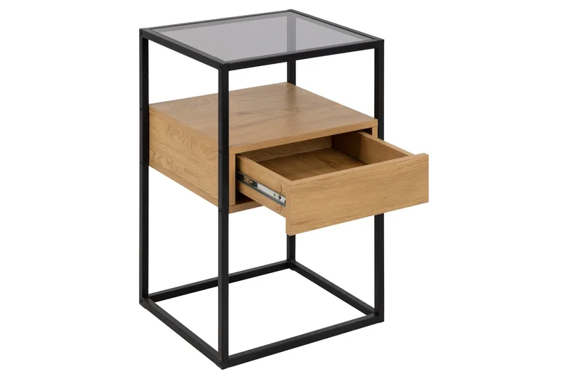 Sakila Sängbord 35 cm i Glas med Ekutseende, Förvaring med Låda - Natur - Möbler - Sovrum - Sängbord