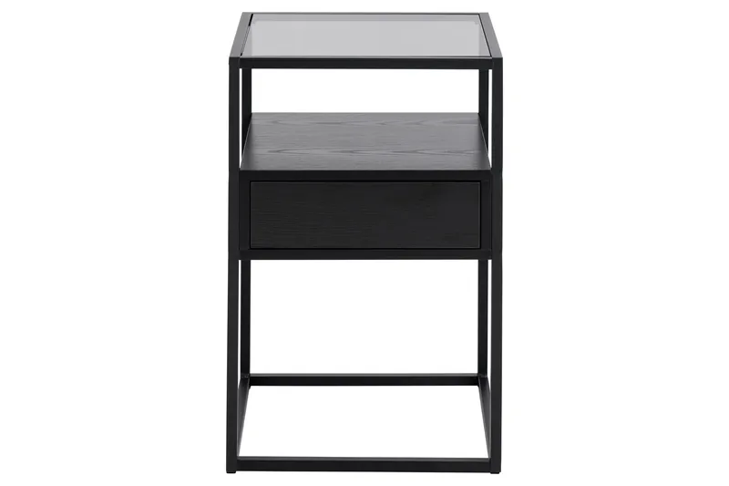 Sakila Sängbord 35 cm i Glas med Valnötsutseende, Förvaring med Låda - Svart - Möbler - Sovrum - Sängbord