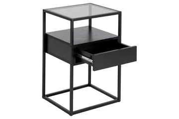 Sakila Sängbord 35 cm i Glas med Valnötsutseende, Förvaring med Låda - Svart - Möbler - Sovrum - Sängbord