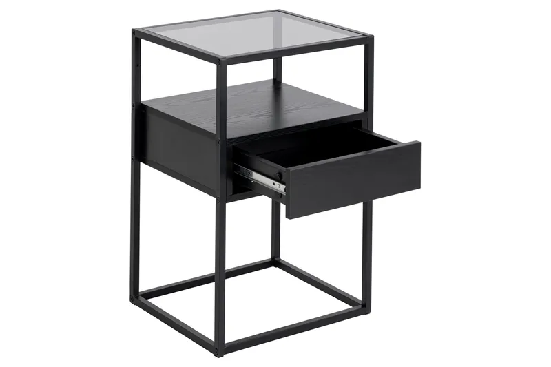 Sakila Sängbord 35 cm i Glas med Valnötsutseende, Förvaring med Låda - Svart - Möbler - Sovrum - Sängbord