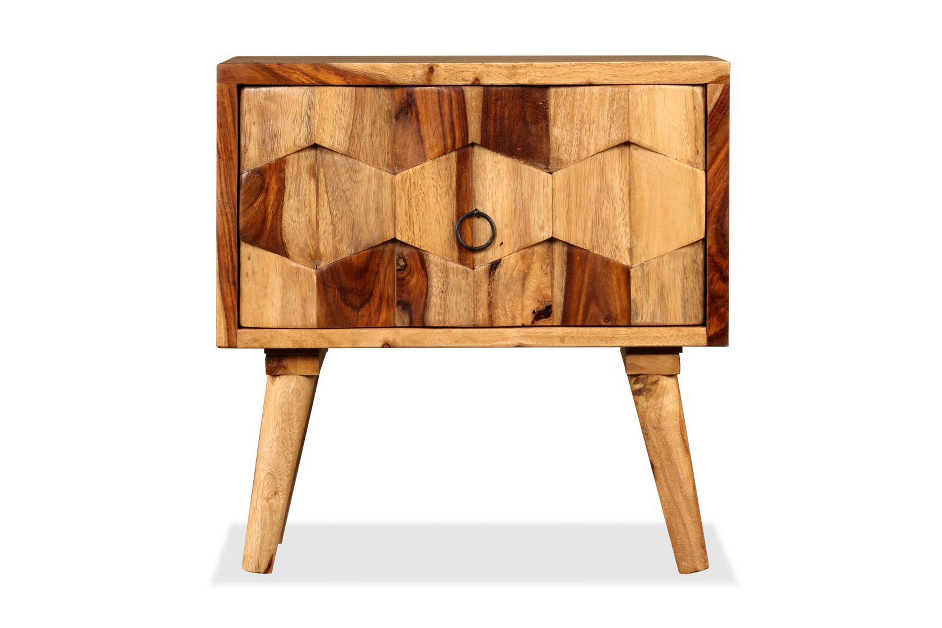 Sängbord med 1 låda massivt sheshamträ – Brun