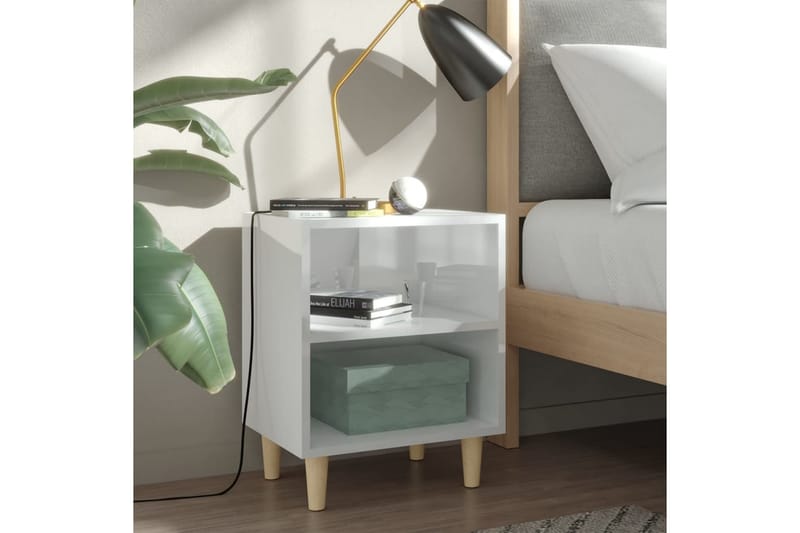 Sängbord med ben i massivt trä 2 st vit högglans 40x30x50 cm - Vit - Sängbord - Bord
