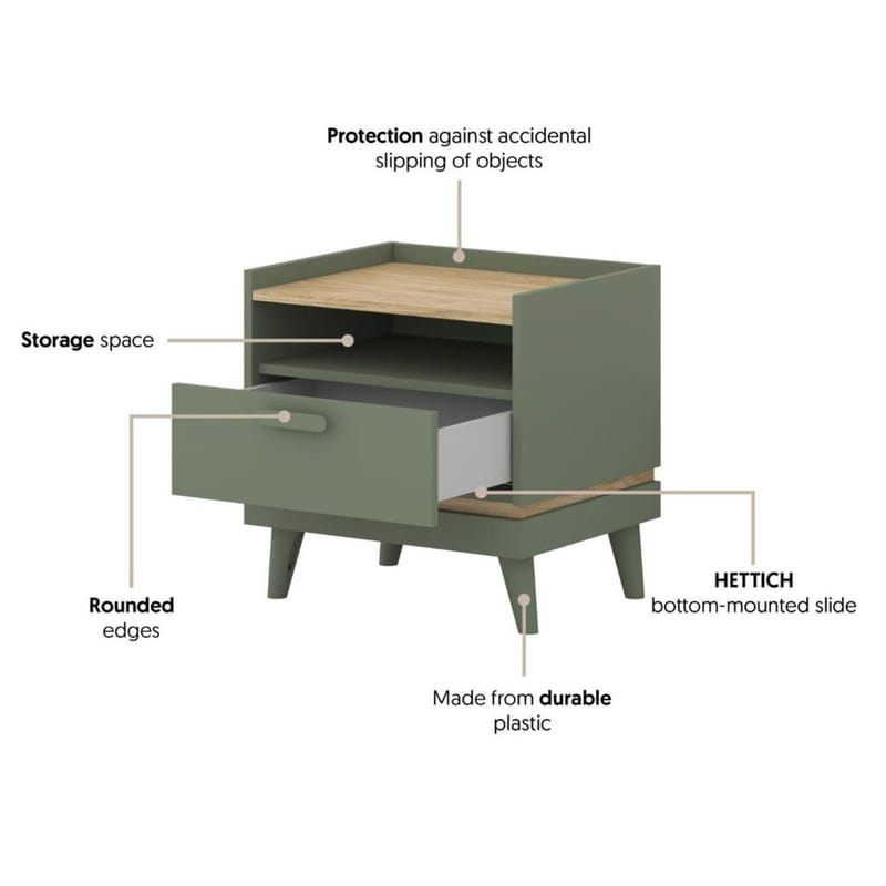 Sängbord Scandi 1 låda - Dämpad grön - Oljad ek - Möbler - Sovrum - Sängbord
