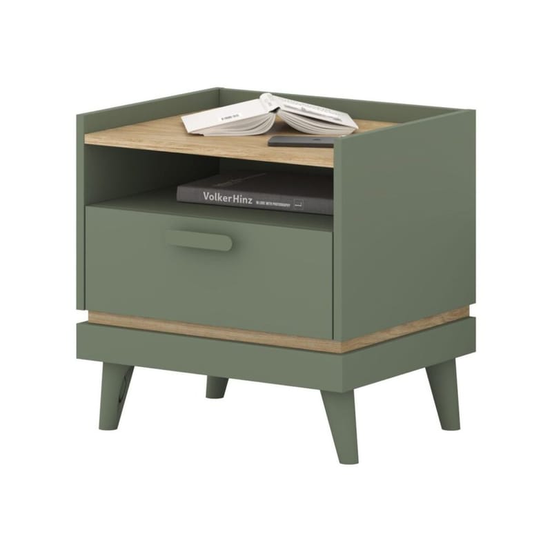 Sängbord Scandi 1 låda - Dämpad grön - Oljad ek - Möbler - Sovrum - Sängbord