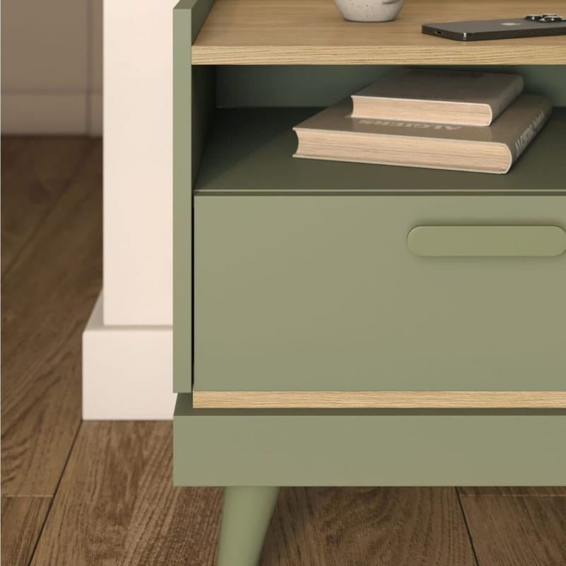 Sängbord Scandi 1 låda - Dämpad grön - Oljad ek - Möbler - Sovrum - Sängbord