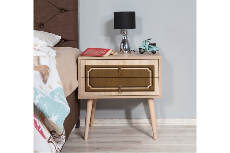 STENBYN Sängbord 60 cm med Förvaring 2 Lådor Dekor Natur/Bru - Möbler - Sovrum - Sängbord