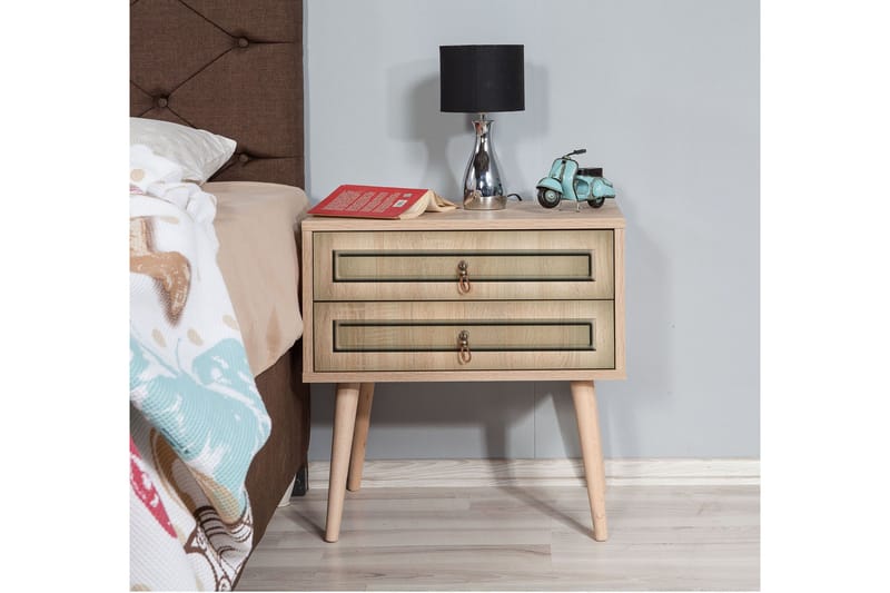 STENBYN Sängbord 60 cm med Förvaring 2 Lådor Natur/Brun - Möbler - Sovrum - Sängbord