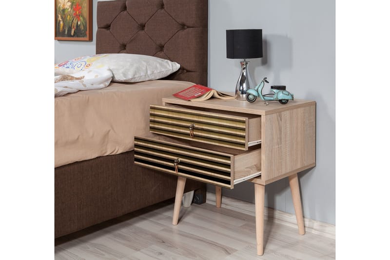 STENBYN Sängbord 60 cm med Förvaring 2 Lådor Ränder Natur - Möbler - Sovrum - Sängbord
