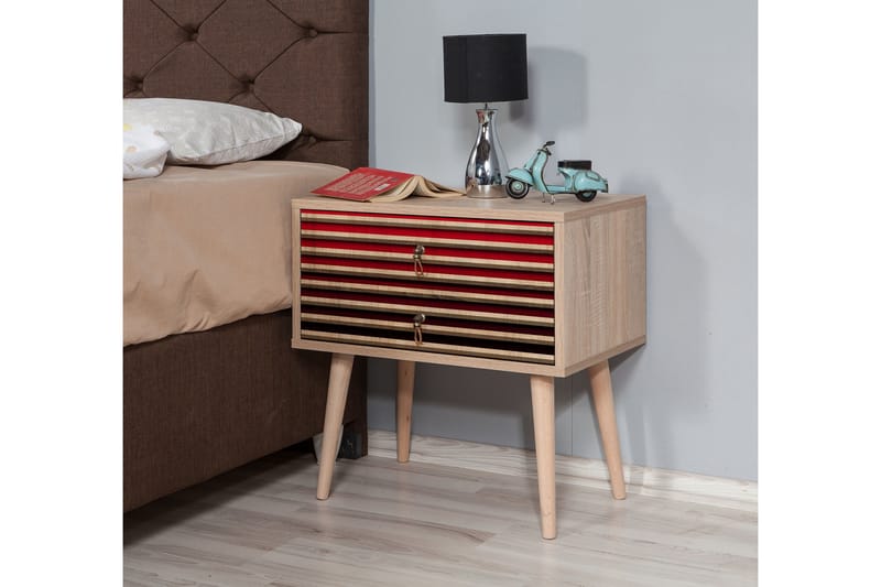 STENBYN Sängbord 60 cm med Förvaring 2 Lådor Ränder Natur/Rö - Möbler - Sovrum - Sängbord