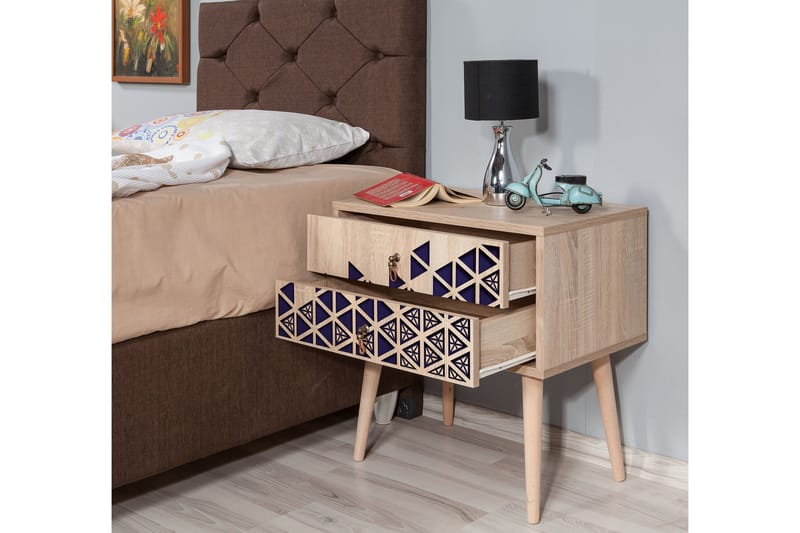 STENBYN Sängbord 60 cm med Förvaring 2 Lådor Trianglar Natur - Möbler - Sovrum - Sängbord