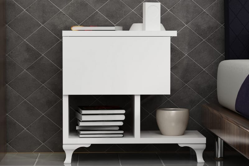 TONYA Sängbord 46 cm med Förvaring Låda + Hyllor Ben Vit - Vit - Möbler - Sovrum - Sängbord