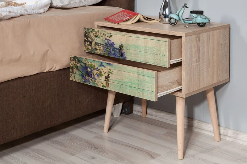 Vellavie Sängbord 60 cm med Förvaring 2 Lådor Körsbärsblom - Teak - Möbler - Sovrum - Sängbord