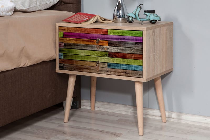 Vellavie Sängbord 60 cm med Förvaring 2 Lådor Regnbågspanel - Röd/Grön - Möbler - Sovrum - Sängbord