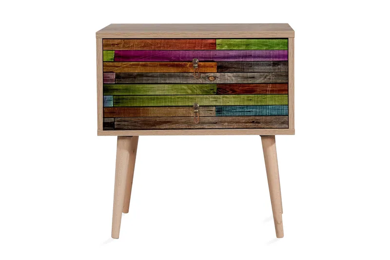 Vellavie Sängbord 60 cm med Förvaring 2 Lådor Regnbågspanel - Röd/Grön - Möbler - Sovrum - Sängbord
