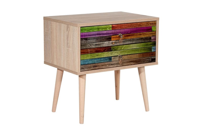 Vellavie Sängbord 60 cm med Förvaring 2 Lådor Regnbågspanel - Röd/Grön - Möbler - Sovrum - Sängbord