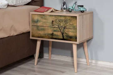 Vellavie Sängbord 60 cm med Förvaring 2 Lådor Trädsilhuett - Brun/Grön - Möbler - Sovrum - Sängbord