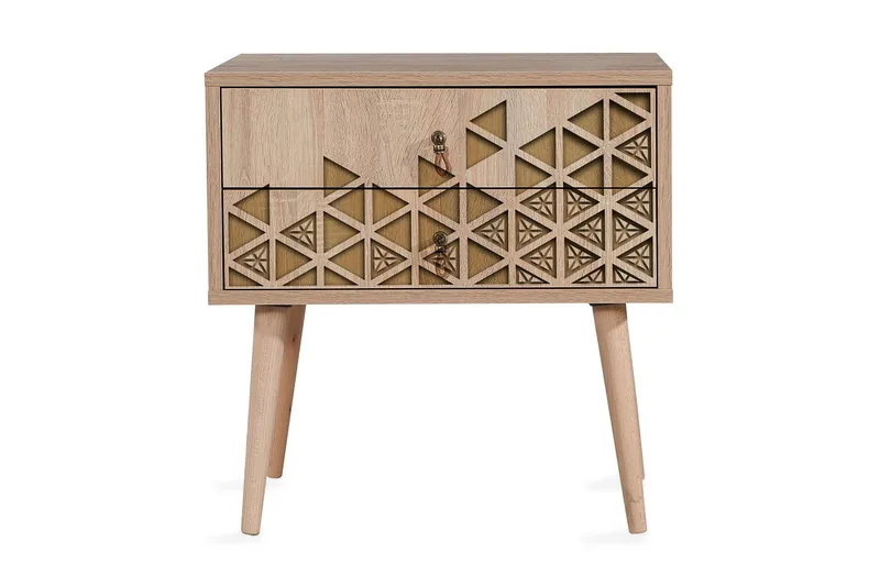Vellavie Sängbord 60 cm med Förvaring 2 Lådor Trianglar, Brun/Ek