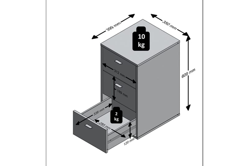 Virginia Sängbord 35 cm med Förvaring 3 Lådor - Grå/Svart - Möbler - Sovrum - Sängbord