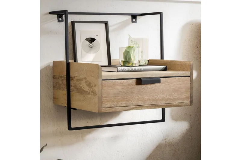 Sängbord Wohnling för väggmontering, gjord av massiv mangoträ, med 1 låda, hylla i industriell stil Ljusbrun - Ljusbrun - Möbler - Sovrum - Sängbord