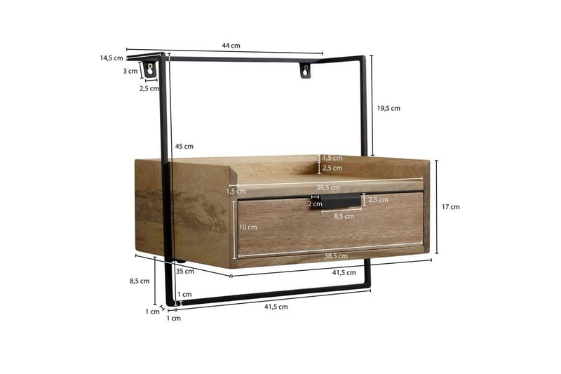 Sängbord Wohnling för väggmontering, gjord av massiv mangoträ, med 1 låda, hylla i industriell stil Ljusbrun - Ljusbrun - Möbler - Sovrum - Sängbord
