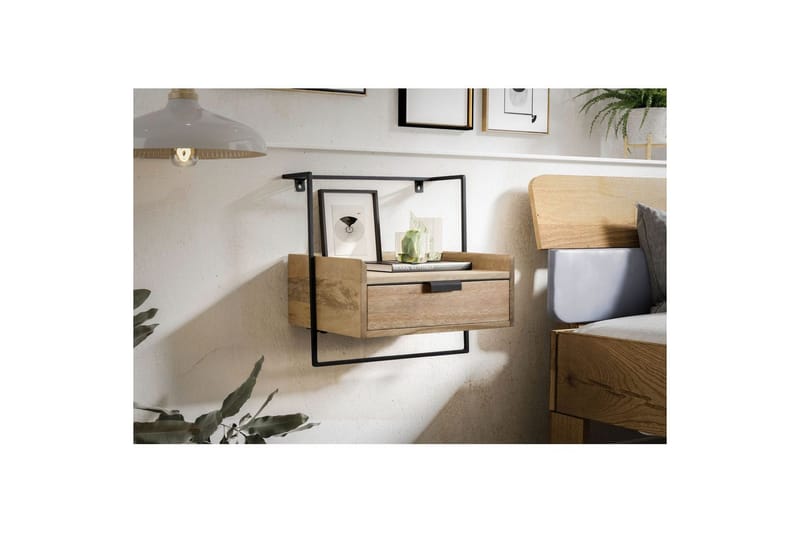 Sängbord Wohnling för väggmontering, gjord av massiv mangoträ, med 1 låda, hylla i industriell stil Ljusbrun - Ljusbrun - Möbler - Sovrum - Sängbord