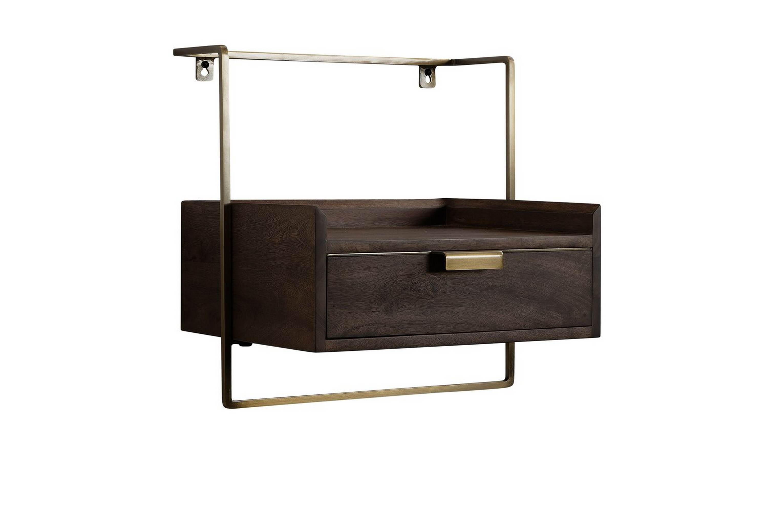 sängbord wohnling för väggmontering, gjord av massiv mangoträ, med 1 låda, hylla i industriell stil mörkbrun - mörkbrun