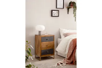 Sängbord Wohnling gjord av massivt trä för boxspringbädd med 3 lådor, skifferlook, i lantlig stil Brun, Svart - Brun, Svart - Möbler - Sovrum - Sängbord