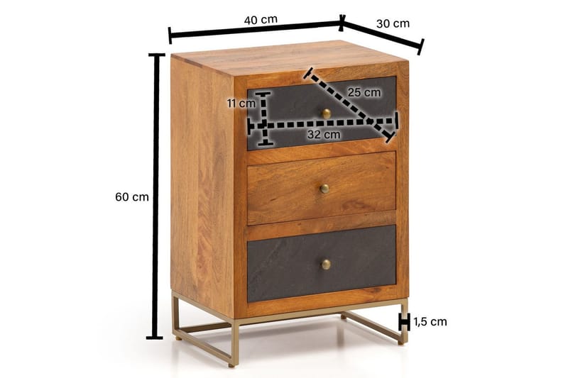 Sängbord Wohnling gjord av massivt trä för boxspringbädd med 3 lådor, skifferlook, i lantlig stil Brun, Svart - Brun, Svart - Möbler - Sovrum - Sängbord
